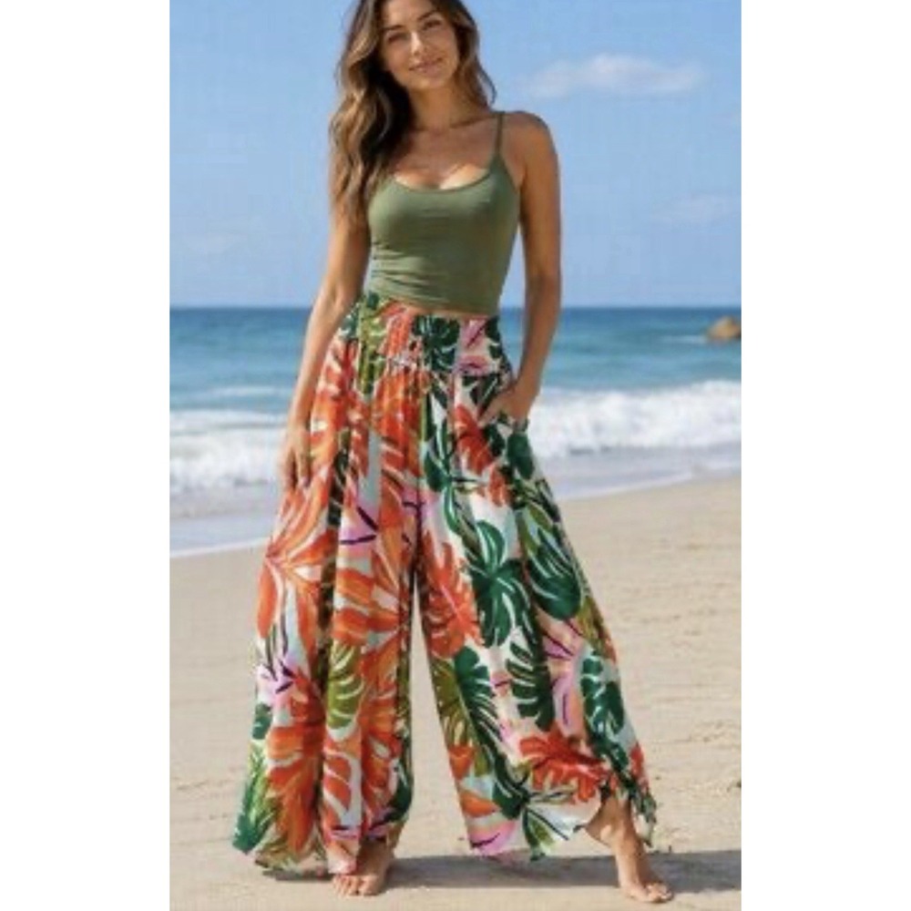 True Destinations Tropical Wide Leg Palazzo Pants Resort Wear Smocked Multi M